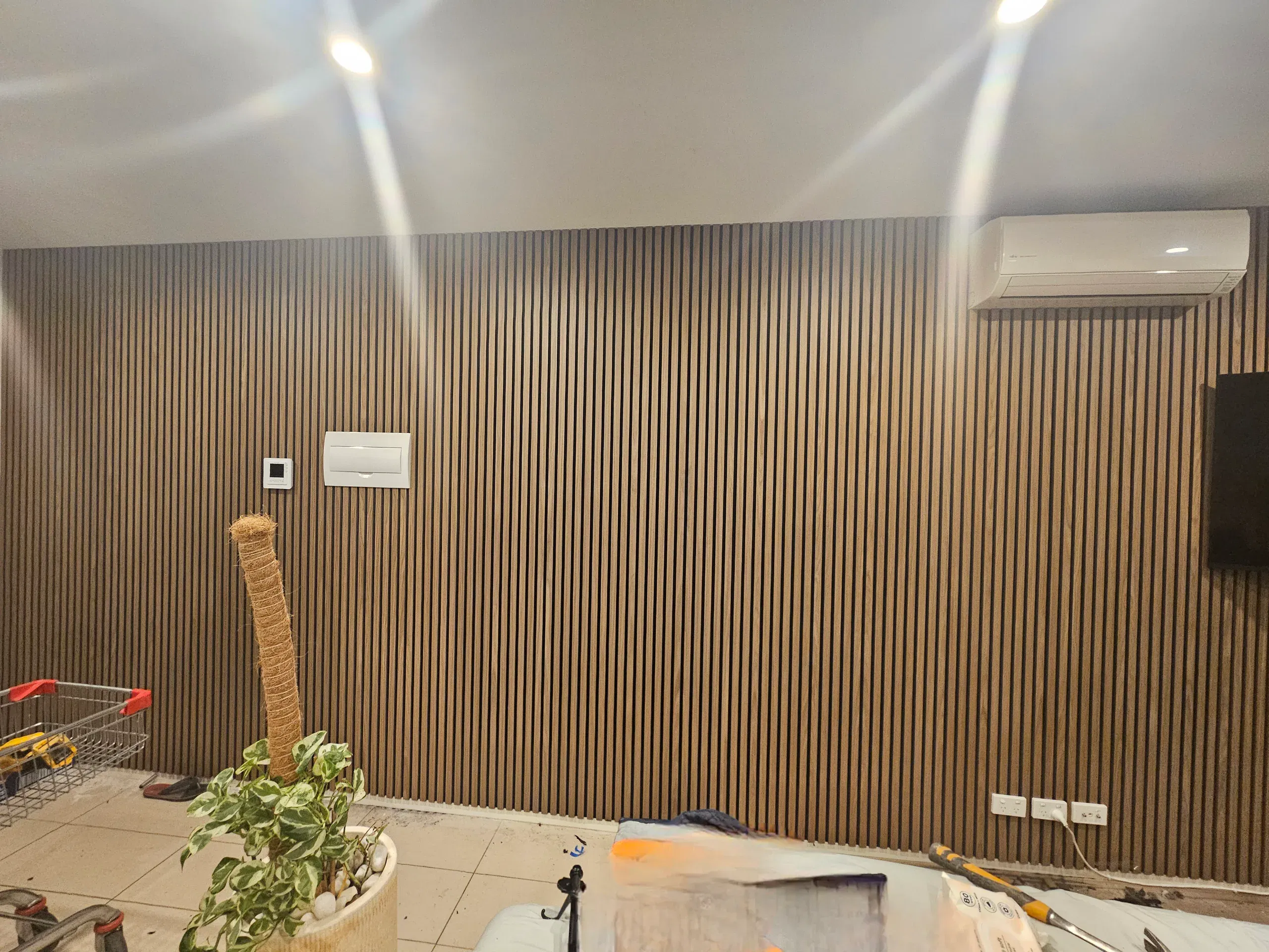 Timber-slat feature wall in a Mount Waverley living room